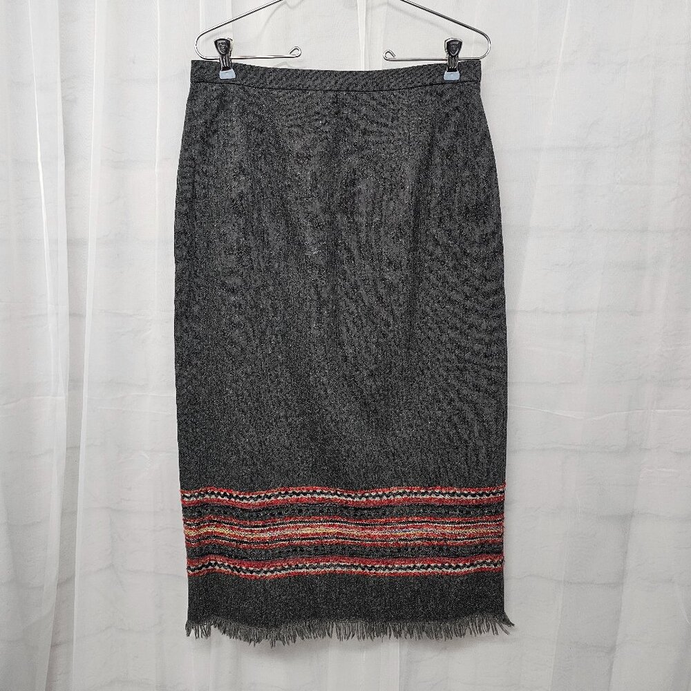 Vintage Sag Harbor Skirt Gray Embroidered Fringe Midi Wool Blend 10P
